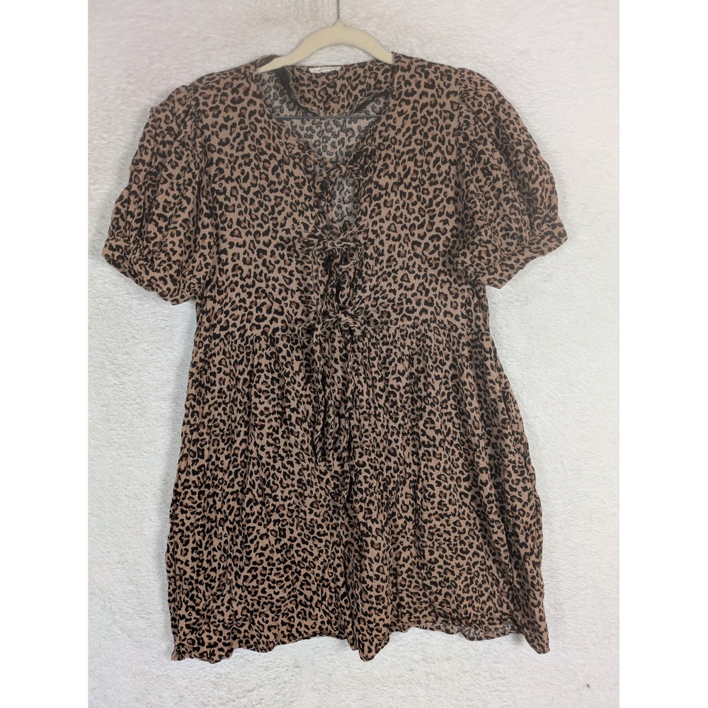 Jodifl Mini Dress Women's Small Brown Leopard Print Tie Front Puff Sleeve Boho